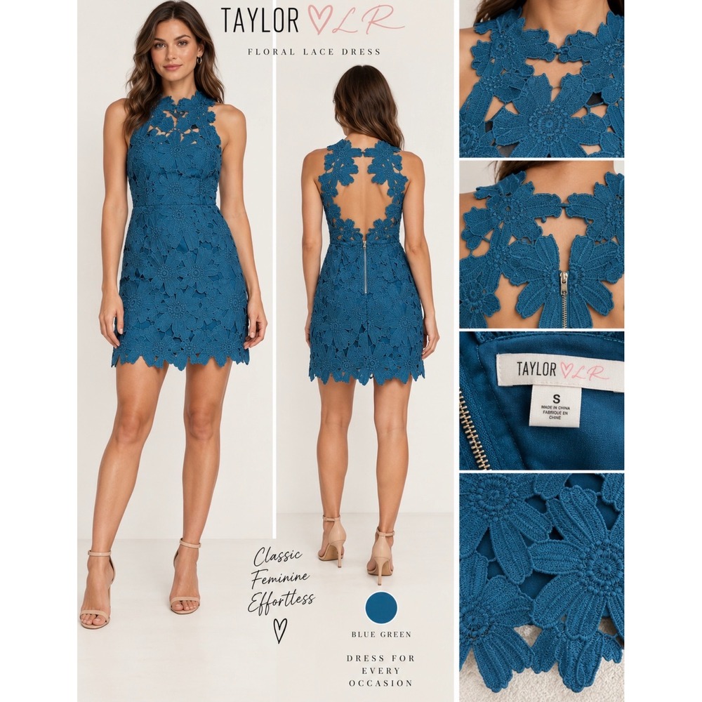 Saylor LR Floral Lace Mini Dress Blue Green Open Back Halter Teal Small Urban